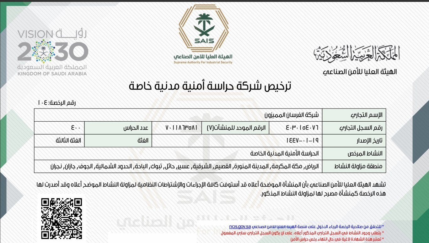 ترخيص شركة حراسة أمنية مدنية خاصة (الفئة الثالثة)